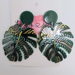 Monstera Leaf Drop Earrings Green Tropical Statement NEW Boho
